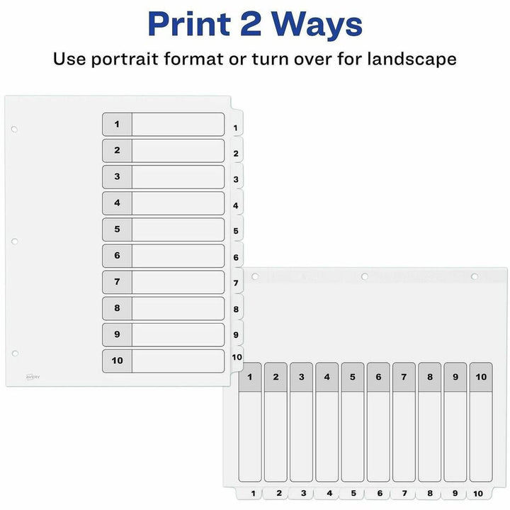 Image of Avery® customizable table of contents ready index black and white dividers, 10-tab, 1 to 10, 11 x 8.5, white, 6 sets