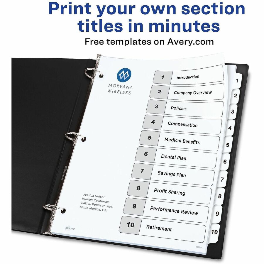 Image of Avery® customizable table of contents ready index black and white dividers, 10-tab, 1 to 10, 11 x 8.5, white, 6 sets