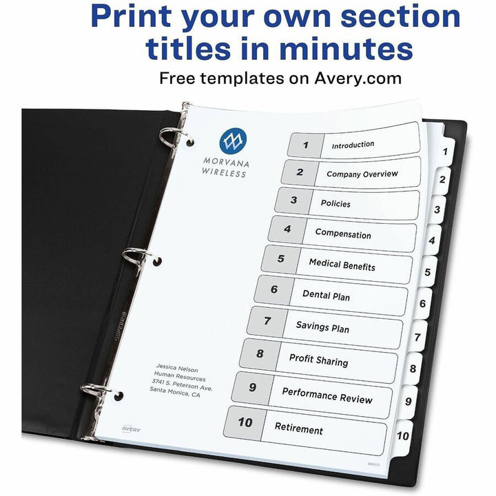 Image of Avery® customizable table of contents ready index black and white dividers, 10-tab, 1 to 10, 11 x 8.5, white, 6 sets