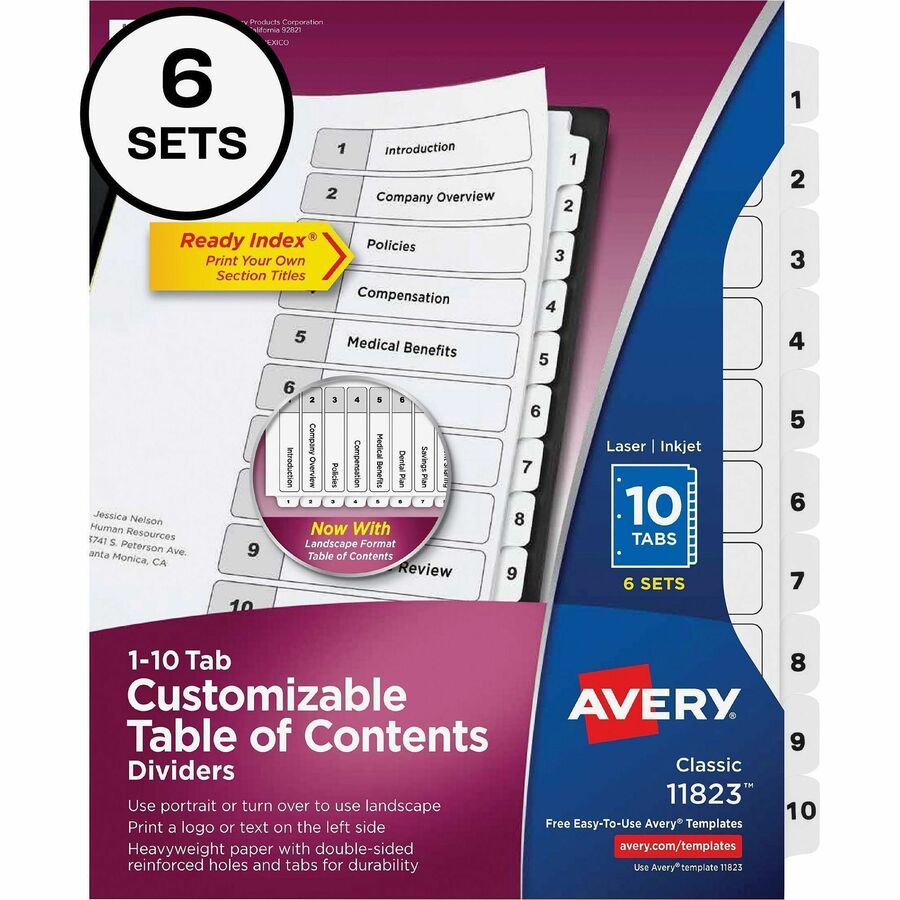 Image of Avery® customizable table of contents ready index black and white dividers, 10-tab, 1 to 10, 11 x 8.5, white, 6 sets