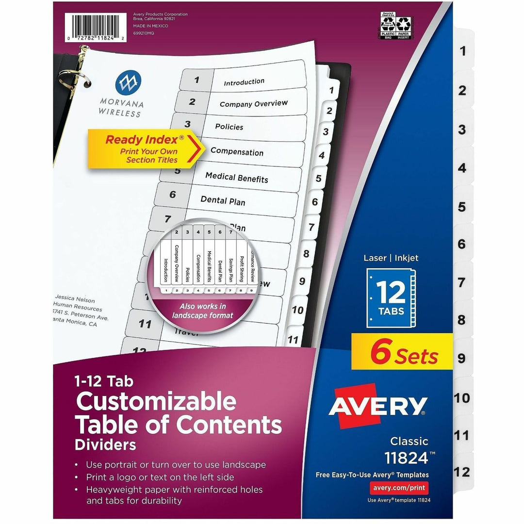 Image of Avery® Customizable Table of Contents Ready Index Black and White Dividers, 12-Tab, 1 to 12, 11 x 8.5, White, 6 Sets