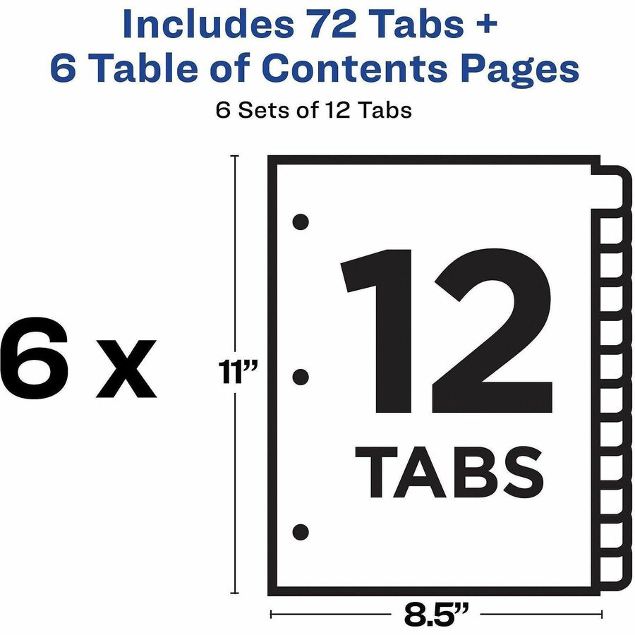 Image of Avery® Customizable Table of Contents Ready Index Black and White Dividers, 12-Tab, 1 to 12, 11 x 8.5, White, 6 Sets