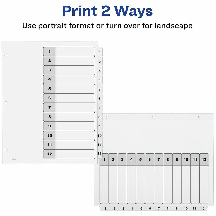 Image of Avery® Customizable Table of Contents Ready Index Black and White Dividers, 12-Tab, 1 to 12, 11 x 8.5, White, 6 Sets