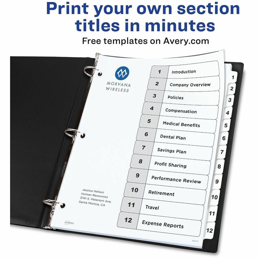 Image of Avery® Customizable Table of Contents Ready Index Black and White Dividers, 12-Tab, 1 to 12, 11 x 8.5, White, 6 Sets