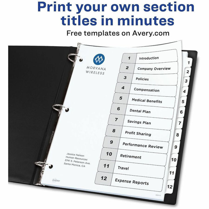 Image of Avery® Customizable Table of Contents Ready Index Black and White Dividers, 12-Tab, 1 to 12, 11 x 8.5, White, 6 Sets