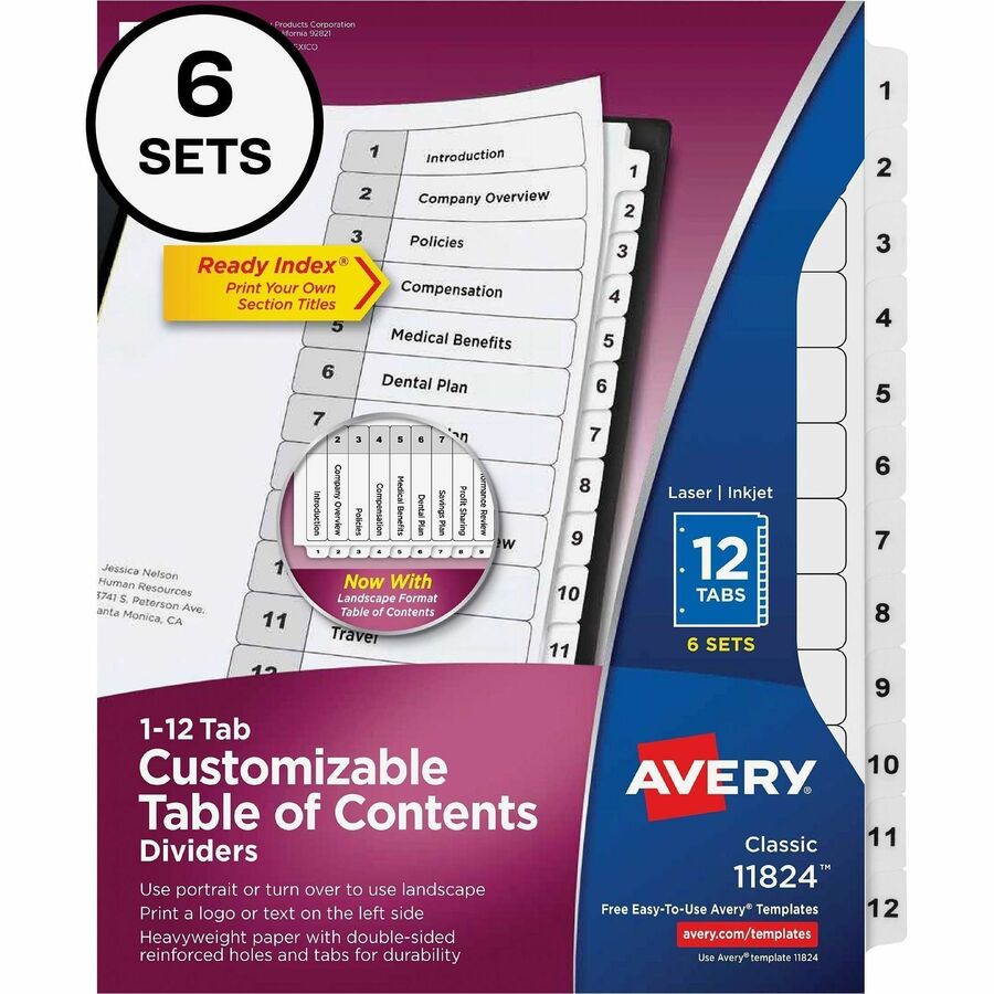 Image of Avery® Customizable Table of Contents Ready Index Black and White Dividers, 12-Tab, 1 to 12, 11 x 8.5, White, 6 Sets