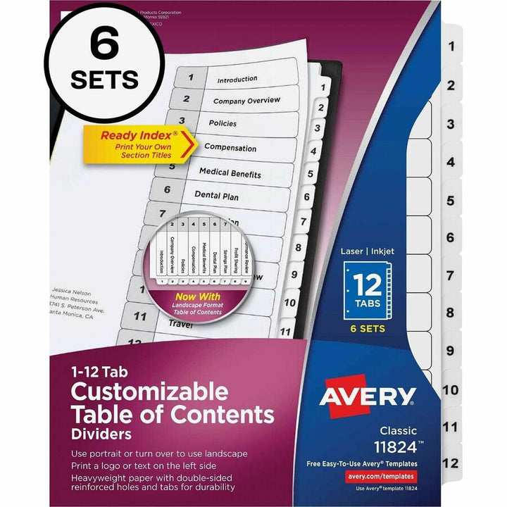 Image of Avery® Customizable Table of Contents Ready Index Black and White Dividers, 12-Tab, 1 to 12, 11 x 8.5, White, 6 Sets