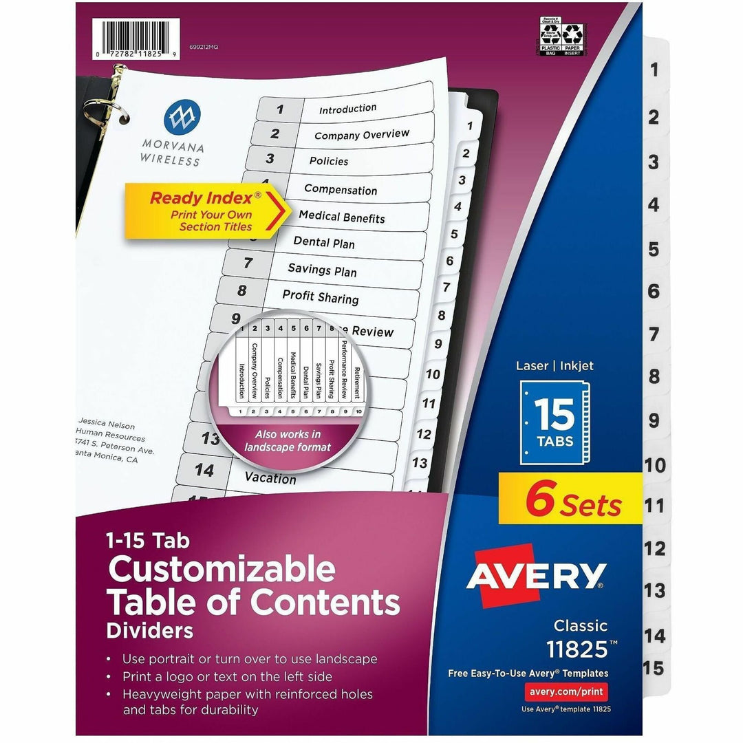 Image of Avery® Customizable Table of Contents Ready Index Black and White Dividers, 15-Tab, 1 to 15, 11 x 8.5, White, 6 Sets