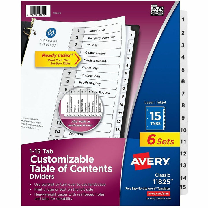 Image of Avery® Customizable Table of Contents Ready Index Black and White Dividers, 15-Tab, 1 to 15, 11 x 8.5, White, 6 Sets