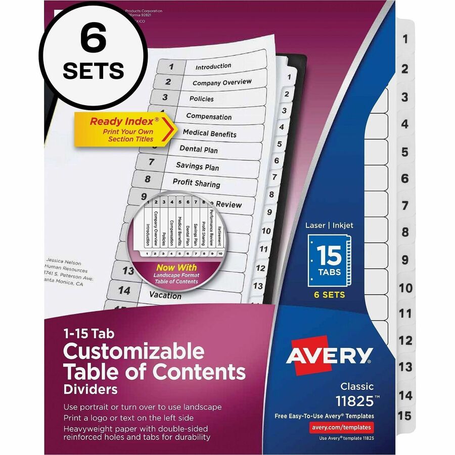 Image of Avery® Customizable Table of Contents Ready Index Black and White Dividers, 15-Tab, 1 to 15, 11 x 8.5, White, 6 Sets
