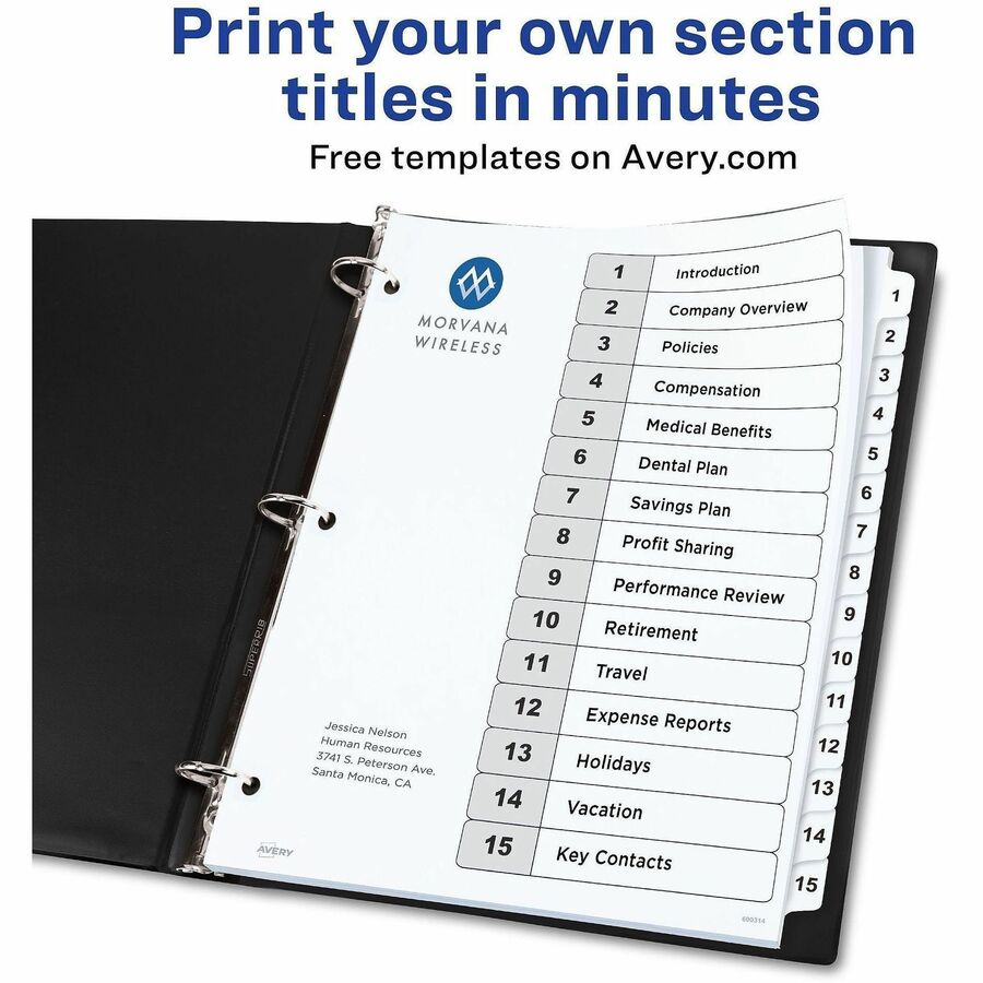 Image of Avery® Customizable Table of Contents Ready Index Black and White Dividers, 15-Tab, 1 to 15, 11 x 8.5, White, 6 Sets