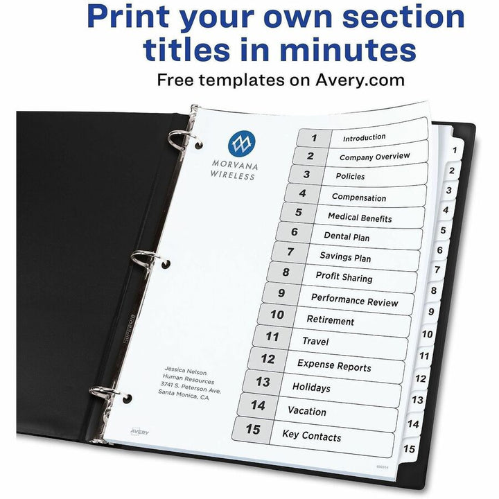 Image of Avery® Customizable Table of Contents Ready Index Black and White Dividers, 15-Tab, 1 to 15, 11 x 8.5, White, 6 Sets
