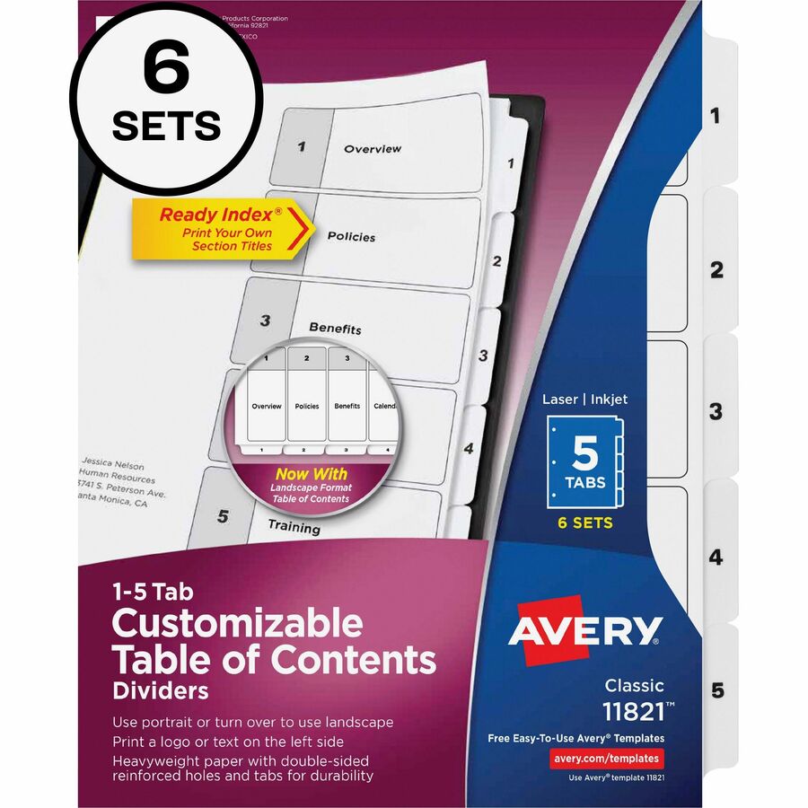 Image of Avery® Customizable Table of Contents Ready Index Black and White Dividers, 5-Tab, 1 to 5, 11 x 8.5, White, 6 Sets