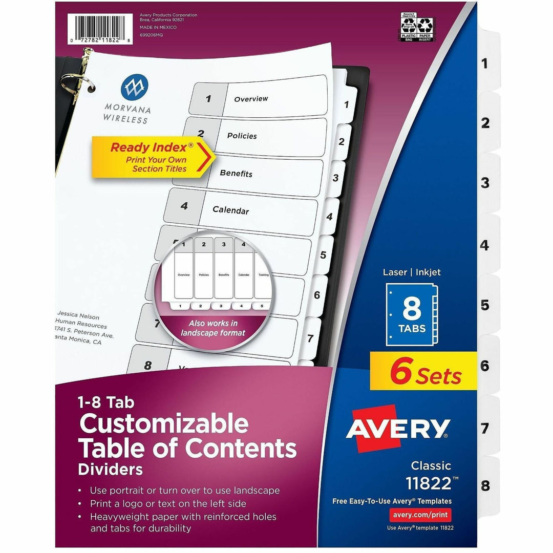 Image of Avery® Customizable Table of Contents Ready Index Black and White Dividers, 8-Tab, 1 to 8, 11 x 8.5, White, 6 Sets