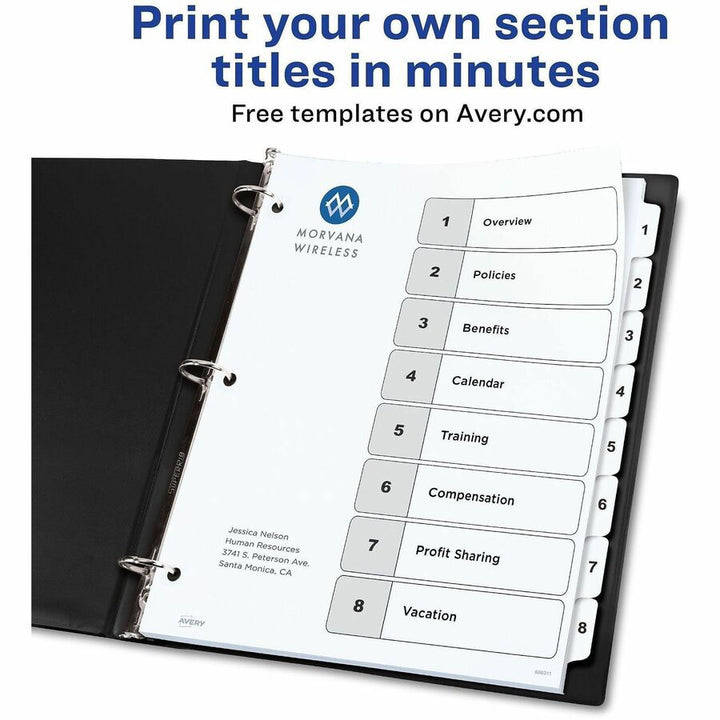 Image of Avery® Customizable Table of Contents Ready Index Black and White Dividers, 8-Tab, 1 to 8, 11 x 8.5, White, 6 Sets