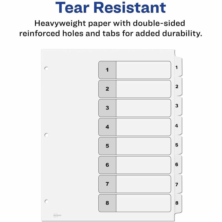 Image of Avery® Customizable Table of Contents Ready Index Black and White Dividers, 8-Tab, 1 to 8, 11 x 8.5, White, 6 Sets
