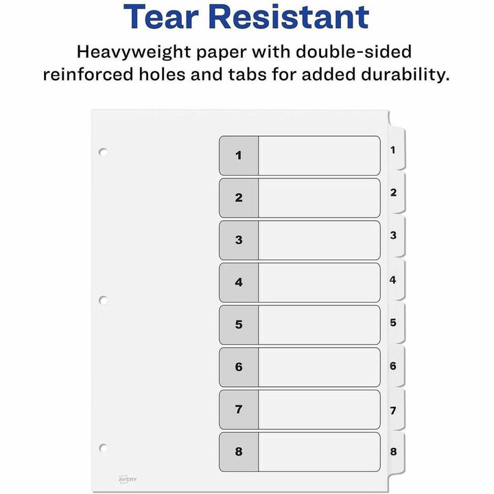 Image of Avery® Customizable Table of Contents Ready Index Black and White Dividers, 8-Tab, 1 to 8, 11 x 8.5, White, 6 Sets