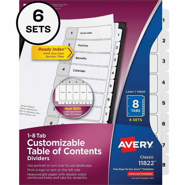 Image of Avery® Customizable Table of Contents Ready Index Black and White Dividers, 8-Tab, 1 to 8, 11 x 8.5, White, 6 Sets