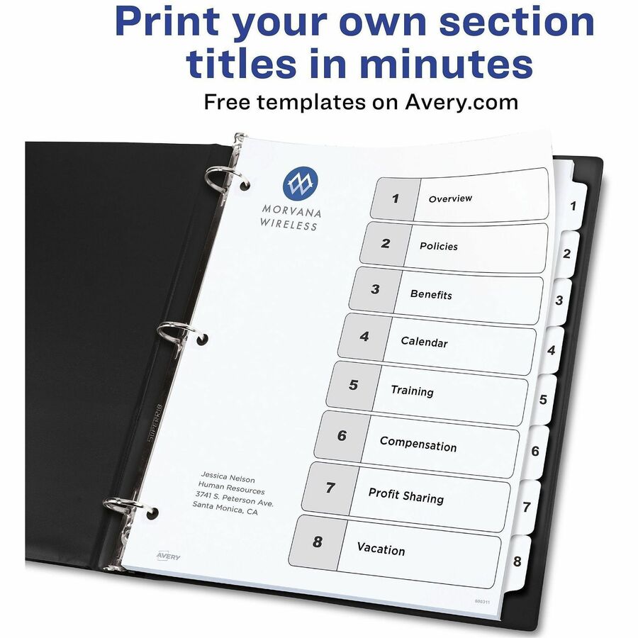 Image of Avery® Customizable Table of Contents Ready Index Black and White Dividers, 8-Tab, 1 to 8, 11 x 8.5, White, 6 Sets