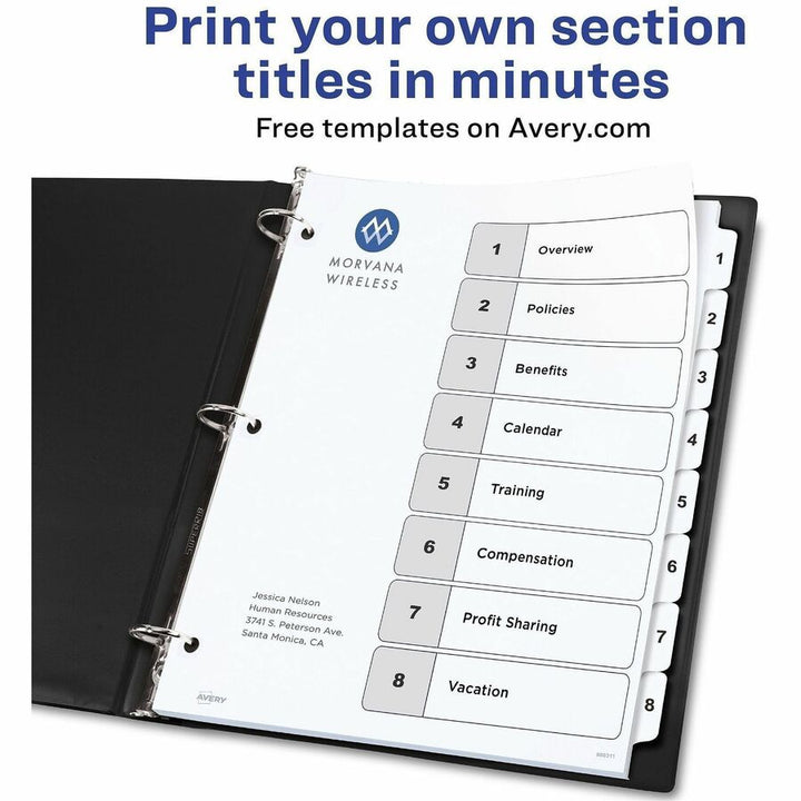 Image of Avery® Customizable Table of Contents Ready Index Black and White Dividers, 8-Tab, 1 to 8, 11 x 8.5, White, 6 Sets
