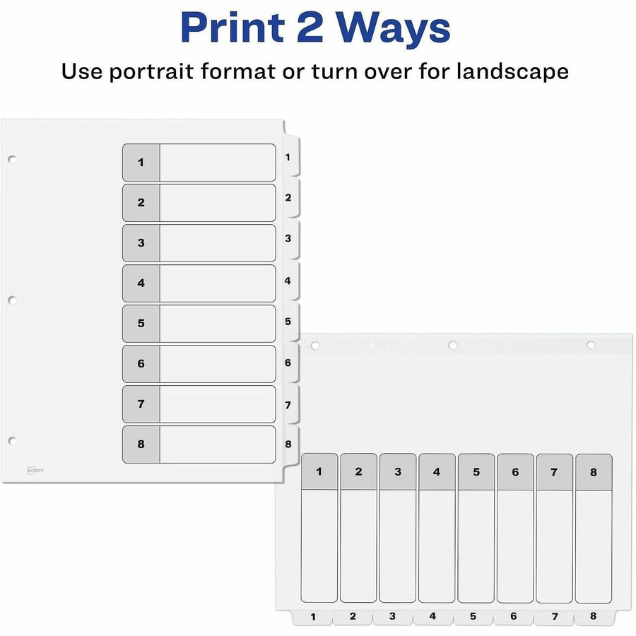 Image of Avery® Customizable Table of Contents Ready Index Black and White Dividers, 8-Tab, 1 to 8, 11 x 8.5, White, 6 Sets