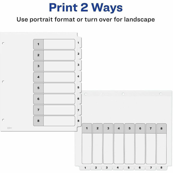Image of Avery® Customizable Table of Contents Ready Index Black and White Dividers, 8-Tab, 1 to 8, 11 x 8.5, White, 6 Sets
