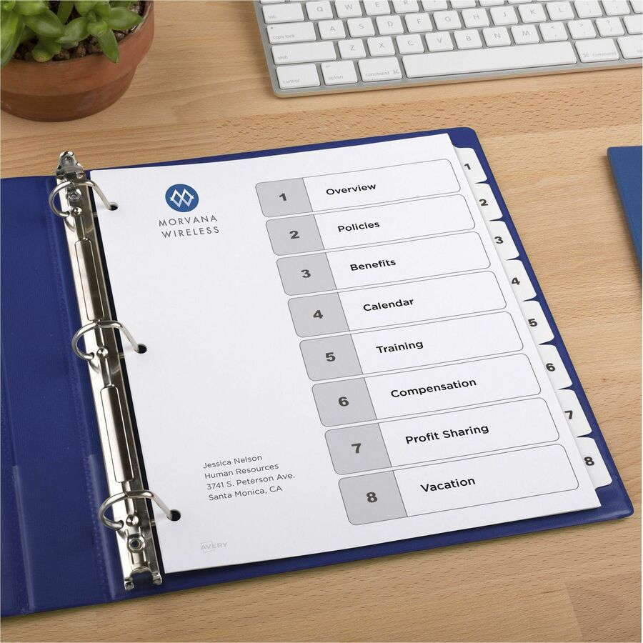Image of Avery® Customizable Table of Contents Ready Index Black and White Dividers, 8-Tab, 1 to 8, 11 x 8.5, White, 6 Sets
