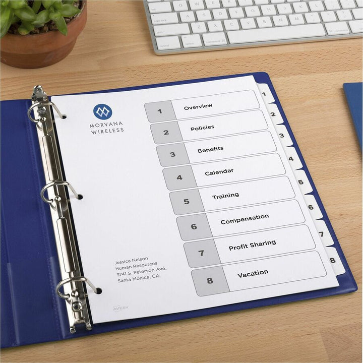 Image of Avery® Customizable Table of Contents Ready Index Black and White Dividers, 8-Tab, 1 to 8, 11 x 8.5, White, 6 Sets