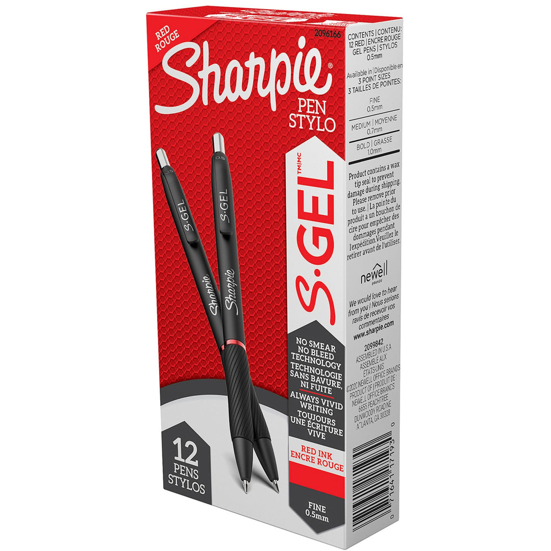 Image of Sharpie® S-Gel S-Gel High-Performance Gel Pen, Retractable, Fine 0.5 Mm, Red Ink, Black Barrel, Dozen
