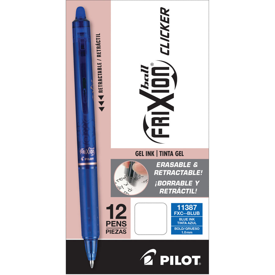 Image of Pilot® Frixion Clicker Erasable Gel Pen, Retractable, Bold 1 Mm, Blue Ink, Blue Barrel, Dozen