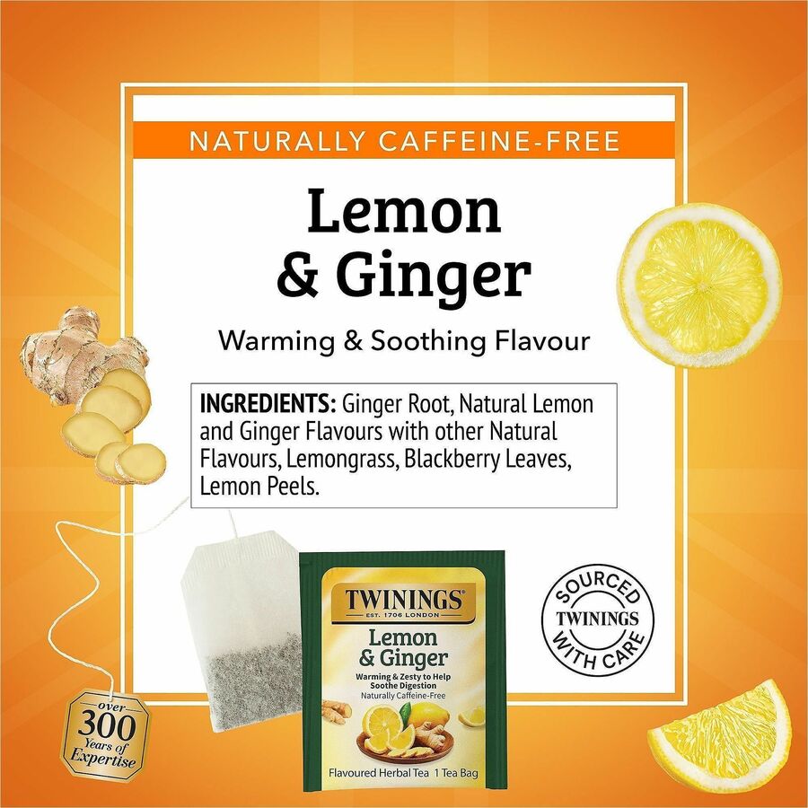 Image of TWININGS® Tea Bags, Lemon And Ginger, 1.32 Oz Tea Bag, 25 Tea Bags/box