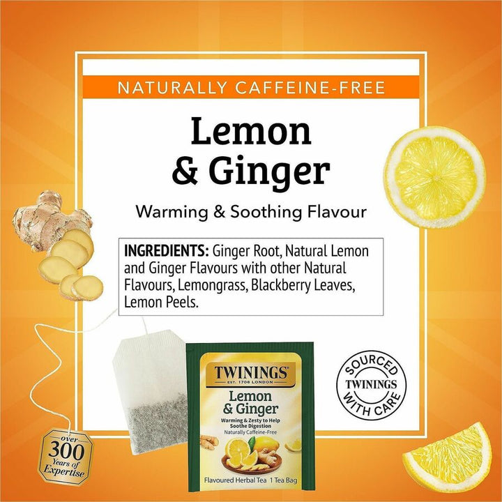 Image of TWININGS® Tea Bags, Lemon And Ginger, 1.32 Oz Tea Bag, 25 Tea Bags/box