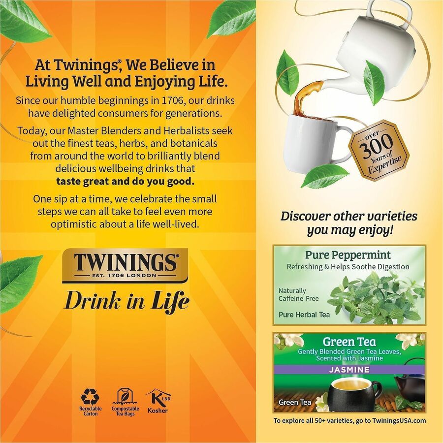 Image of TWININGS® Tea Bags, Lemon And Ginger, 1.32 Oz Tea Bag, 25 Tea Bags/box