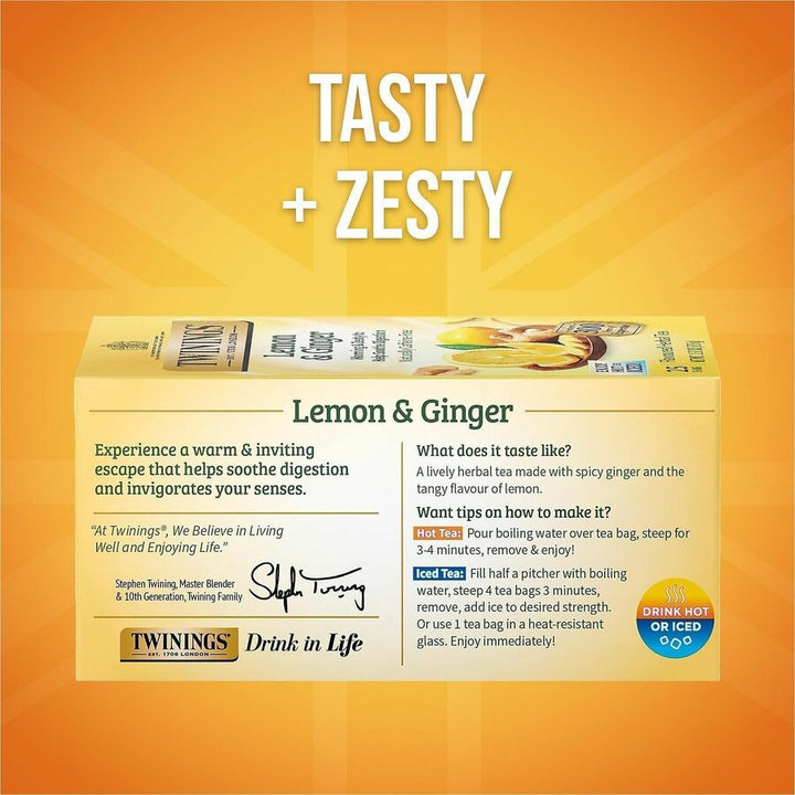 Image of TWININGS® Tea Bags, Lemon And Ginger, 1.32 Oz Tea Bag, 25 Tea Bags/box