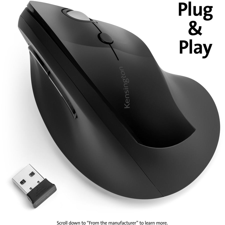 Image of Kensington® Pro Fit Ergo Vertical Wireless Mouse, 2.4 Ghz Frequency/65.62 Ft Wireless Range, Right Hand Use, Black