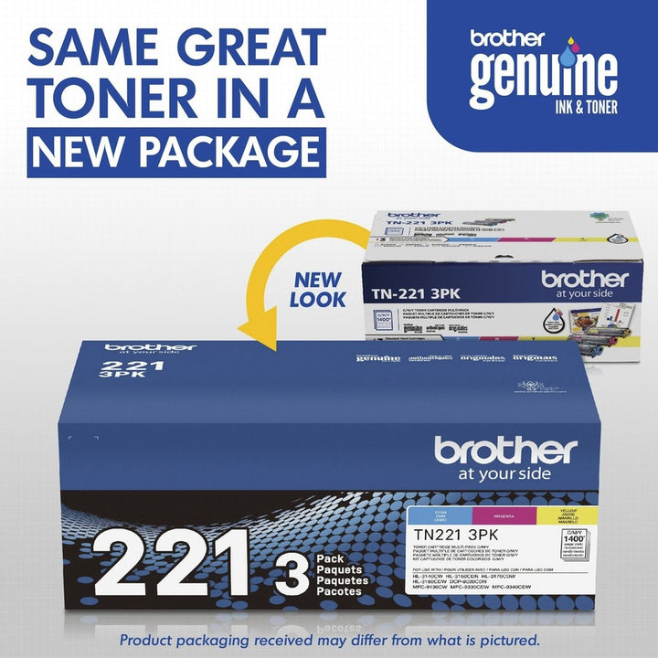 Image of Brother TN221 Original Toner Cartridge, 1400 Pages Cyan, 1400 Pages Magenta, 1400 Pages Yellow, 1 Box