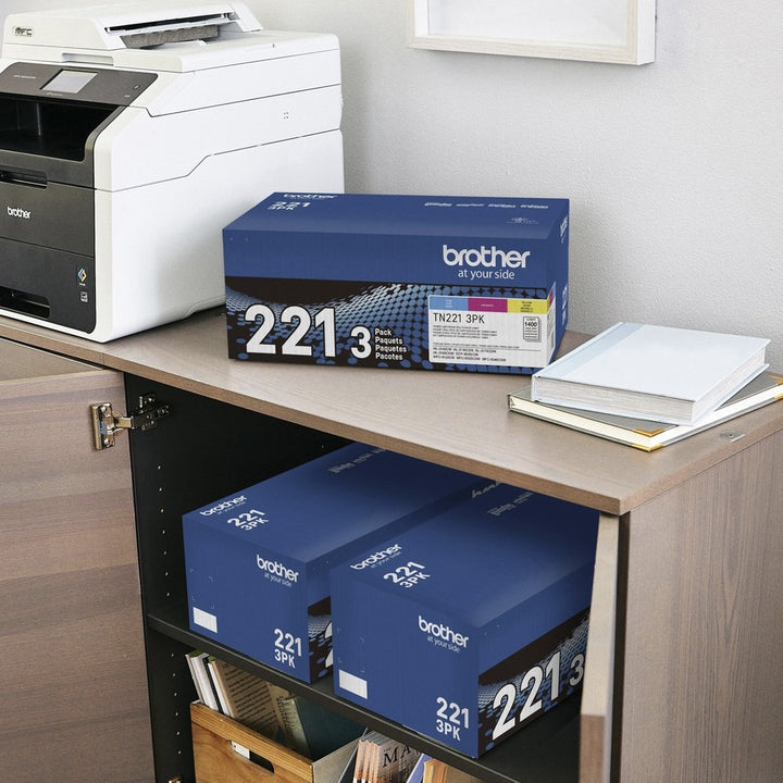 Image of Brother TN221 Original Toner Cartridge, 1400 Pages Cyan, 1400 Pages Magenta, 1400 Pages Yellow, 1 Box