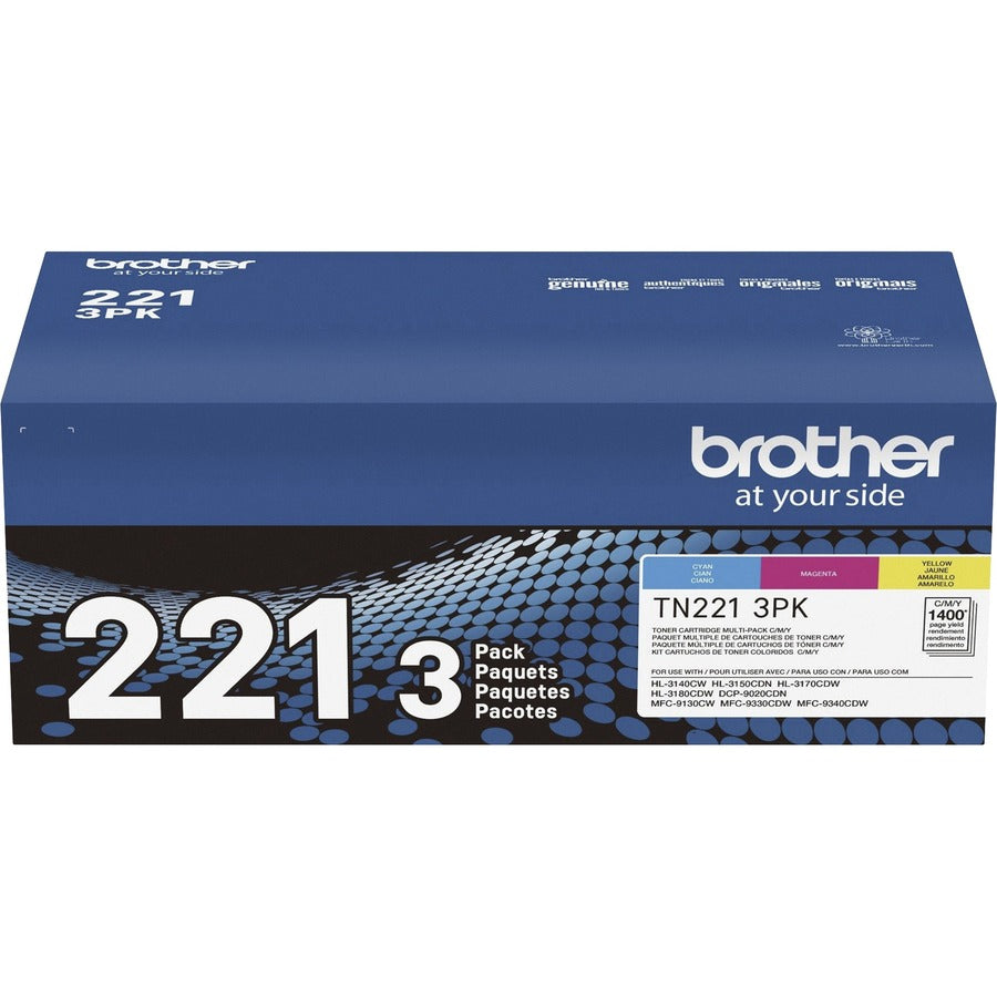 Image of Brother TN221 Original Toner Cartridge, 1400 Pages Cyan, 1400 Pages Magenta, 1400 Pages Yellow, 1 Box