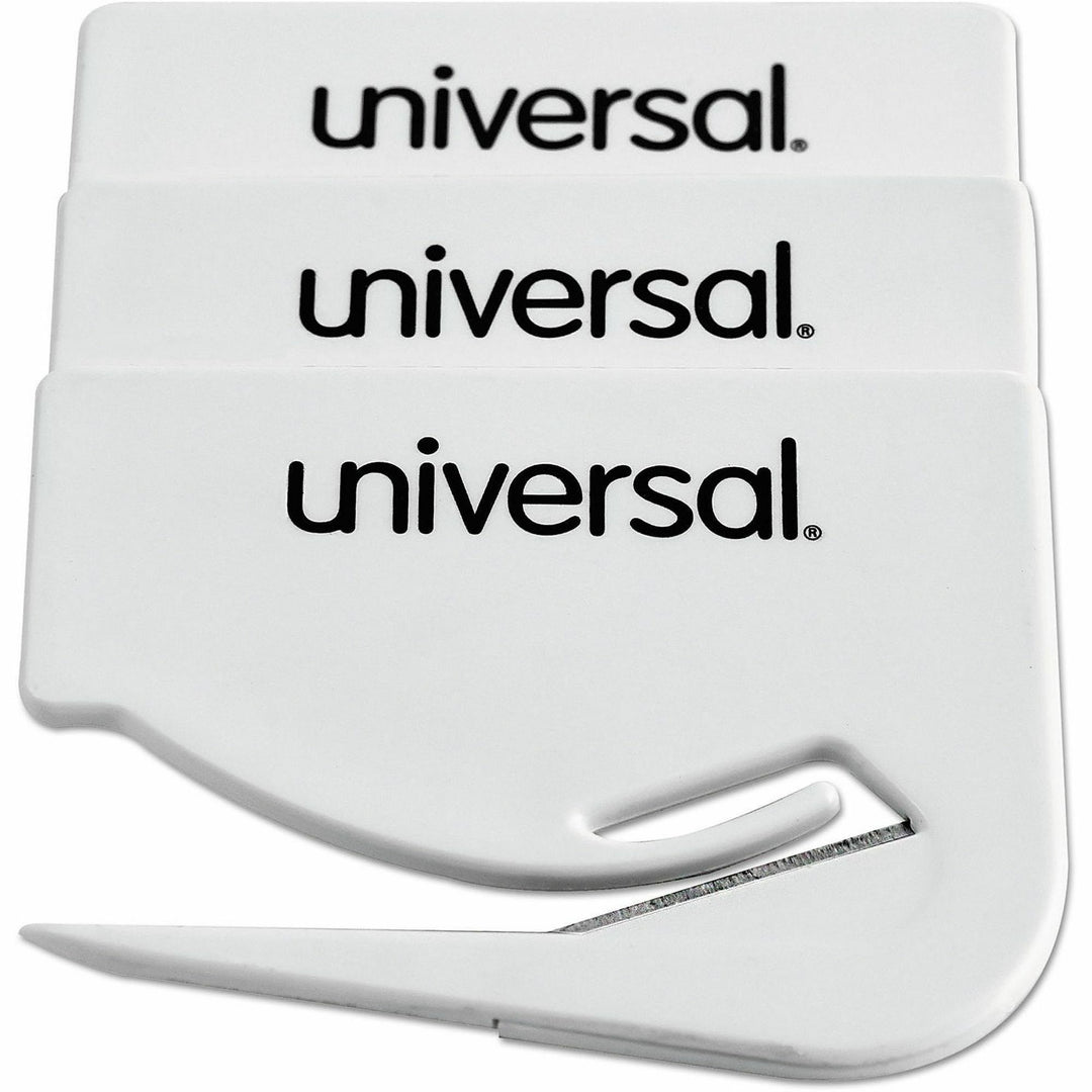 Image of Universal UNV31803 Manual Letter Opener, Concealed Steel Blade, Plastic Handle, Handheld, White, 3 / Pack