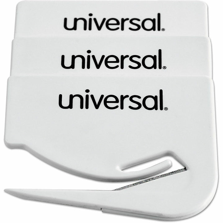 Image of Universal UNV31803 Manual Letter Opener, Concealed Steel Blade, Plastic Handle, Handheld, White, 3 / Pack