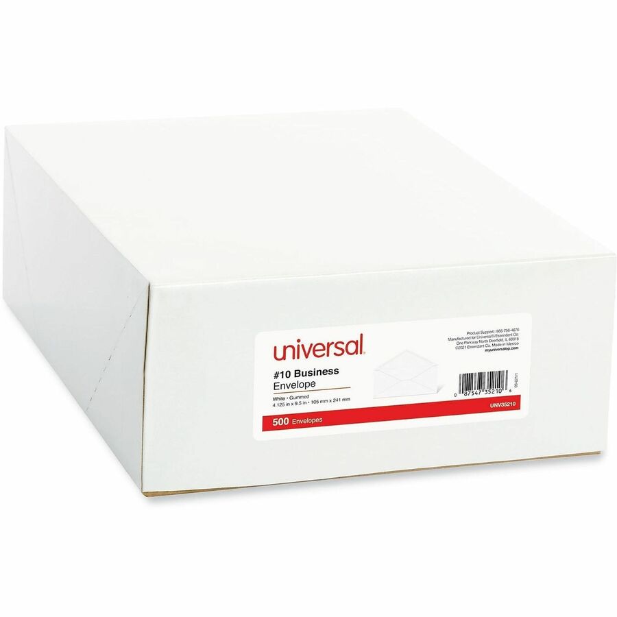 Image of Universal UNV35210 Envelope, Business, #10, 9 1/2" W x 4 1/10" Length, 24 lb, Gummed, White, Paper Stock, 500 / Box