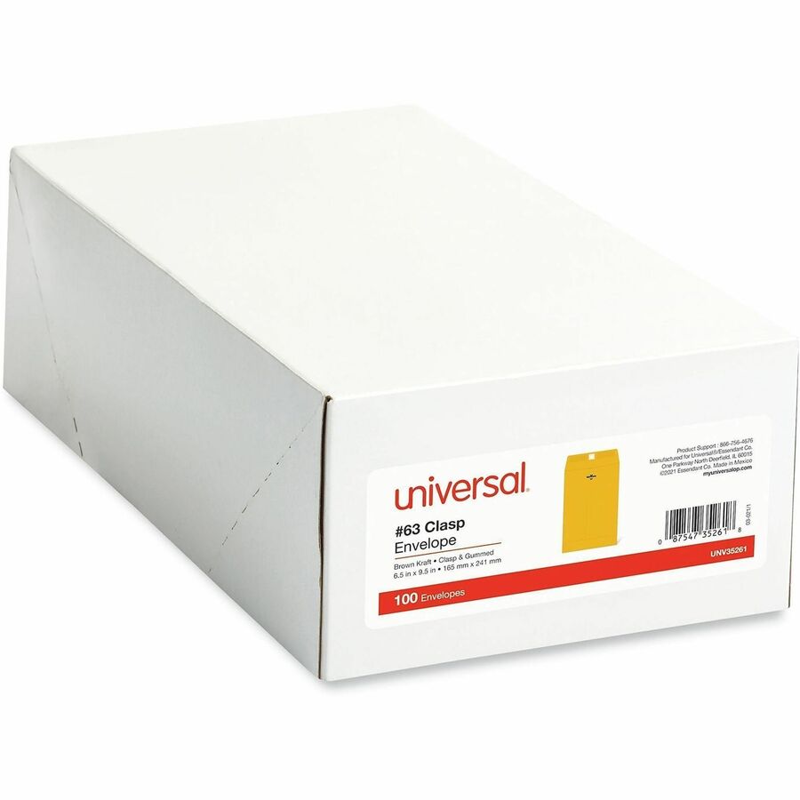 Image of Universal UNV35261 Envelope, Clasp, #63, 9 1/2" W x 6 1/2" Length, 28 lb, Clasp/Gummed Flap, Brown Kraft, Kraft Paper, 100 / Box