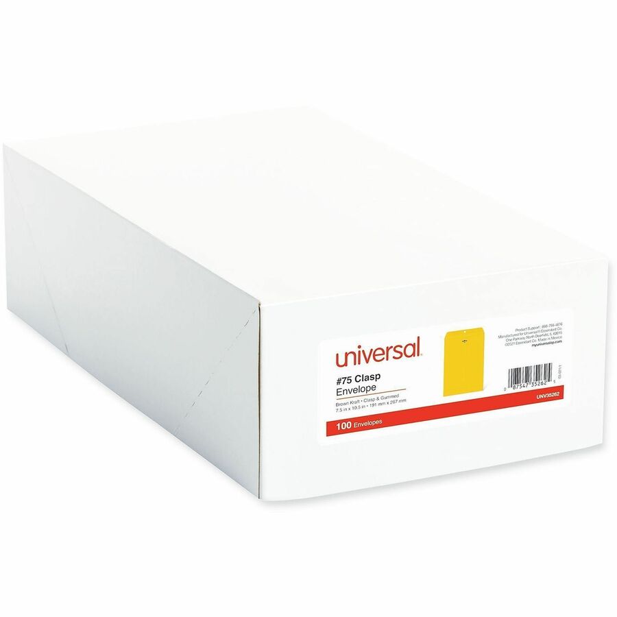 Image of Universal UNV35262 Envelope, Clasp, #75, 10 1/2" W x 7 1/2" Length, 28 lb, Clasp/Gummed Flap, Brown Kraft, Kraft Paper, 100 / Box