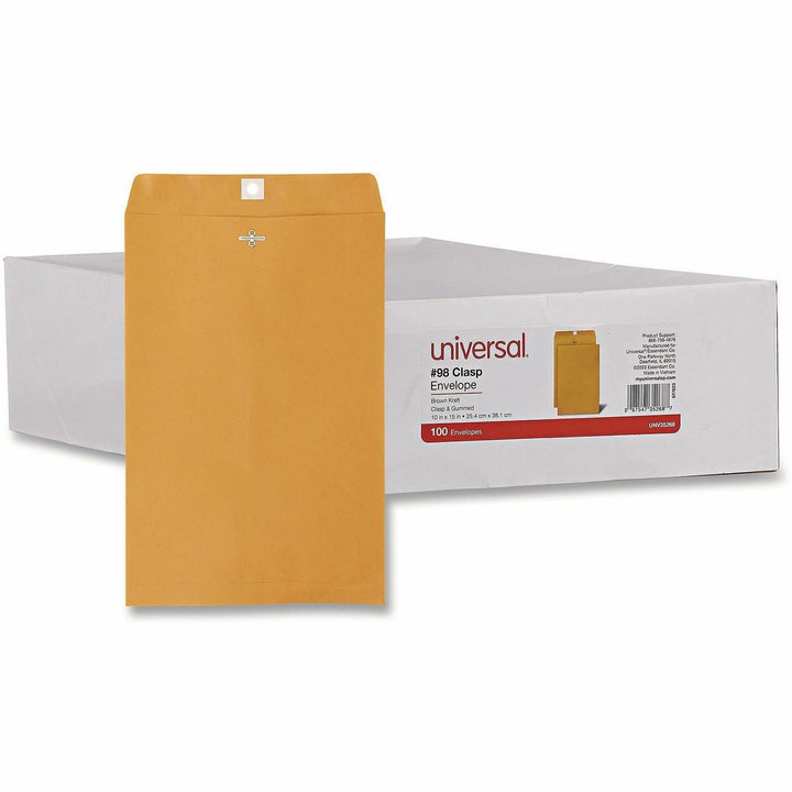 Image of Universal UNV35268 Envelope, Clasp, #98, 15" W x 10" Length, 28 lb, Clasp/Gummed Flap, Brown Kraft, Kraft Paper, 100 / Box