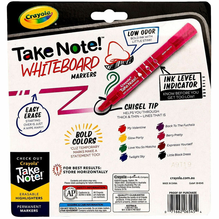 Image of Crayola Take Note! 586545 Dry Erase Markers, Erasable, Assorted Ink, 12 / Pack