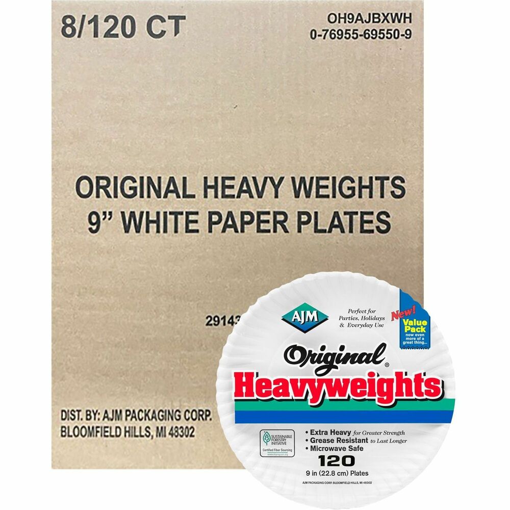 Image of AJM Packaging Plates, Heavyweight Paper, 9", 120/PK,8PK/CT, White