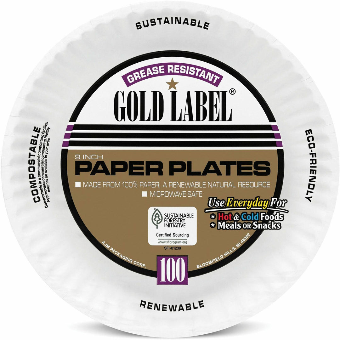 Image of AJM Packaging Plates, Paper, 9"Dia, 1000/CT, White