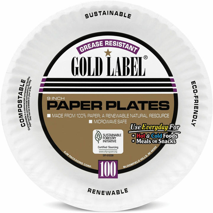 Image of AJM Packaging Plates, Paper, 9"Dia, 1000/CT, White