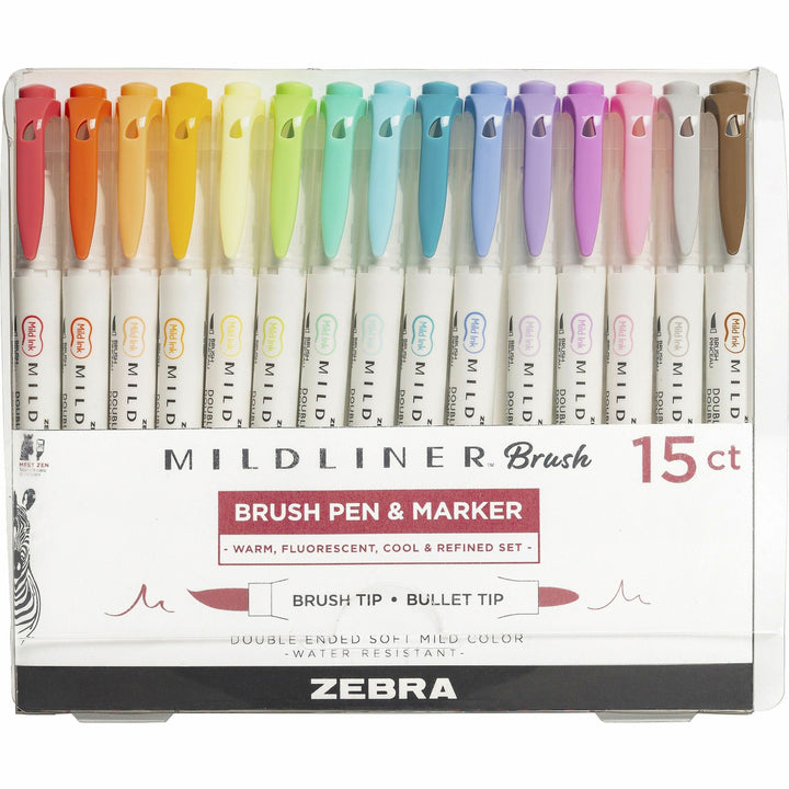 Image of Zebra® Brush Pen and Marker, 1/2"x1/2"x5-1/2", 15/PK, Assorted