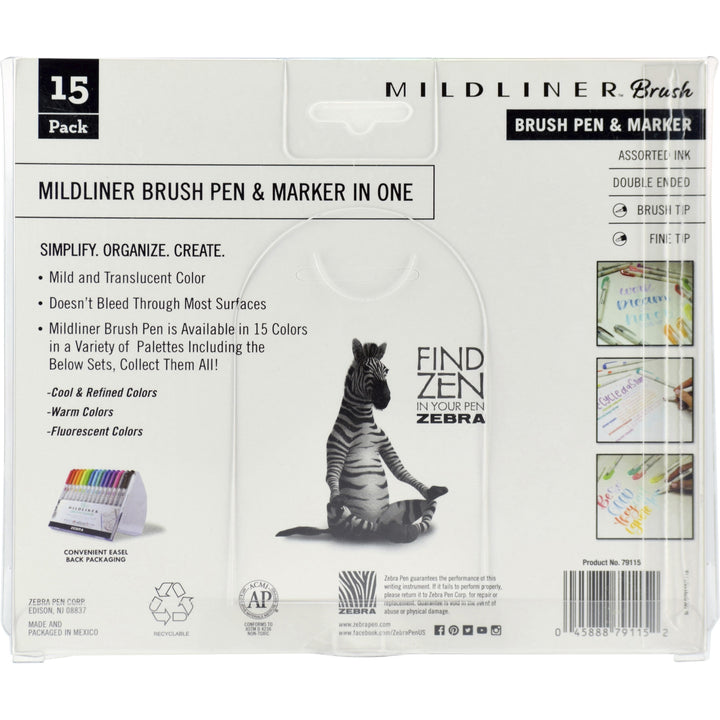 Image of Zebra® Brush Pen and Marker, 1/2"x1/2"x5-1/2", 15/PK, Assorted